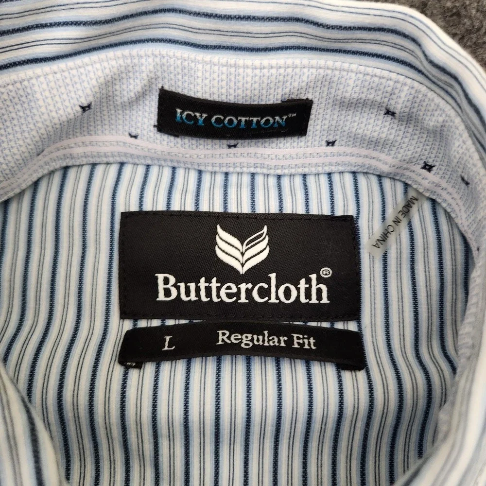 Buttercloth Mens Large Blue White Striped Icy Cotton Regular Fit Button Up Shirt